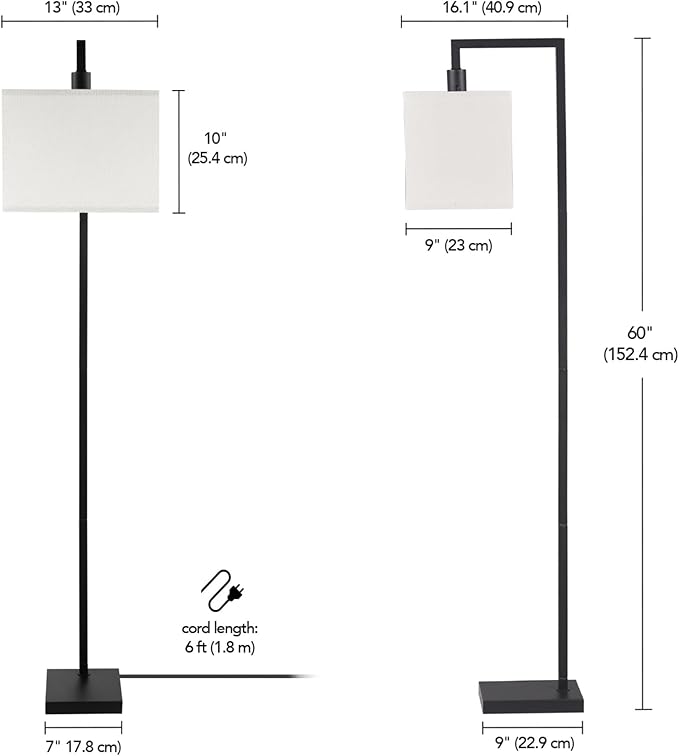 Globe Electric 61000052 60" Floor Lamp, Matte Black, Square White Fabric Shade, On/Off Rotary Switch on Socket, Square Rod, Reading Lamp, Home Office Accessories, Home Décor, Home Improvement-HomvellaHome