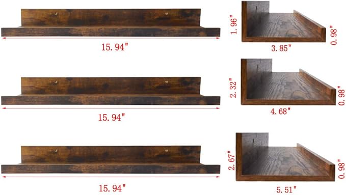 Giftgarden 16 Inch Floating Shelves for Wall Set of 3, Rustic Wall Mounted Picture Ledge Wooden Wall Shelf for Living Room Bedroom Kitchen Bathroom, 3 Different Sizes-HomvellaHome