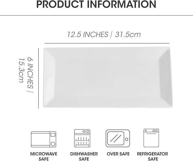 12" Serving Platters Set of 4, White Rectangular Plates, Ceramic Serving Tray, Stackable Large Party Plates for Appetizer, Dessert, Steak, Sushi, Housewarming, Oven Dishwasher Safe-HomvellaHome