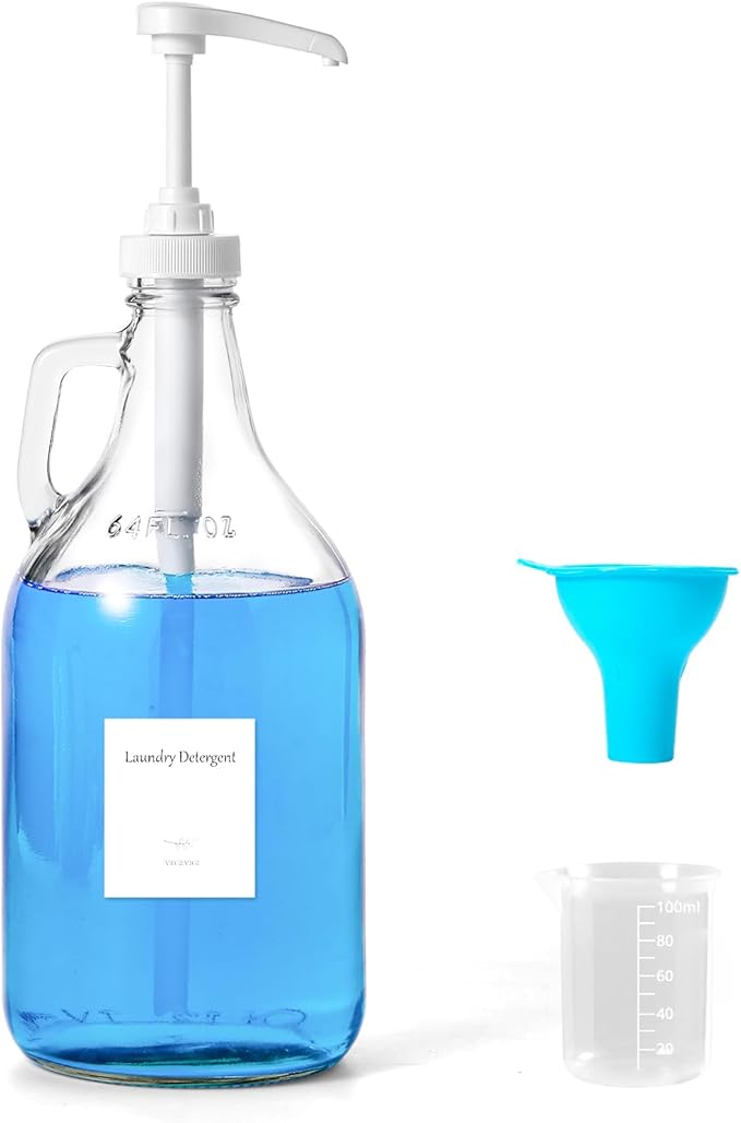 Glass Laundry Detergent Dispenser with Pump, 64OZ Liquid Laundry Soap Dispenser, Fabric Softener Dispenser Bottle for Laundry Room Organization and Storage, 1 Pack-HomvellaHome