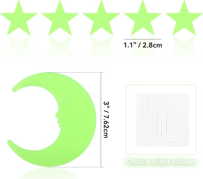 100 Stars and 1 Moon Glow in The Dark Luminous Fluorescent 3D Plastic Glow Stars Moon for Ceiling, Glowing Wall Stickers Create a Realistic Starry Sky, Room Decorations (Green)-HomvellaHome