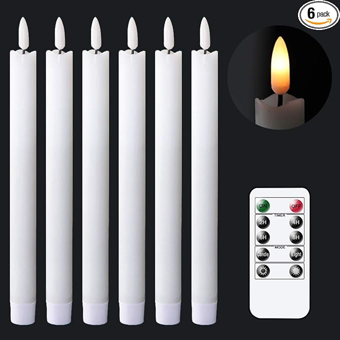 GenSwin Flameless White Taper Candles Flickering with 10-Key Remote, Battery Operated Led Warm 3D Wick Light Window Candles Real Wax Pack of 6, Christmas Home Wedding Decor(0.78 X 9.64 Inch)-HomvellaHome