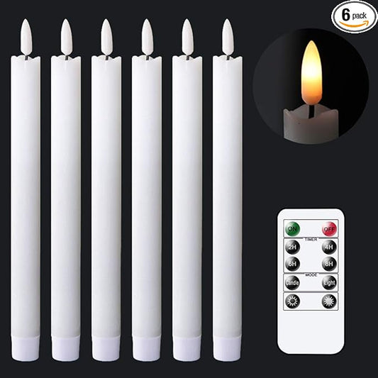 GenSwin Flameless White Taper Candles Flickering with 10-Key Remote, Battery Operated Led Warm 3D Wick Light Window Candles Real Wax Pack of 6, Christmas Home Wedding Decor(0.78 X 9.64 Inch)-HomvellaHome