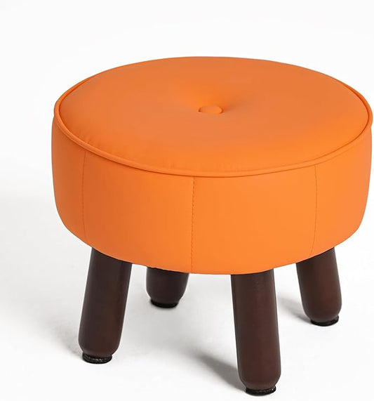 13in Small Foot Stool Ottoman, Round Faux Leather Foot Rest for Couch, Under Desk Pouf Footstool Footrest with Non-Skid Rubber Legs for Ling Room, Bedroom, 13''L x 13''W x 10.2''H, Orange-HomvellaHome