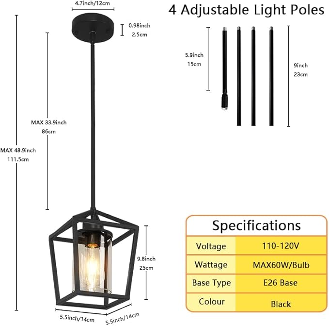 1 Pack Black Pendant Light Fixture Farmhouse Iron Cage Metal Pendant Light Lantern Hanging Light Fixtures with Clear Glass Shade for Kitchen Island, Dining Room, Hallway,Entryway1-HomvellaHome