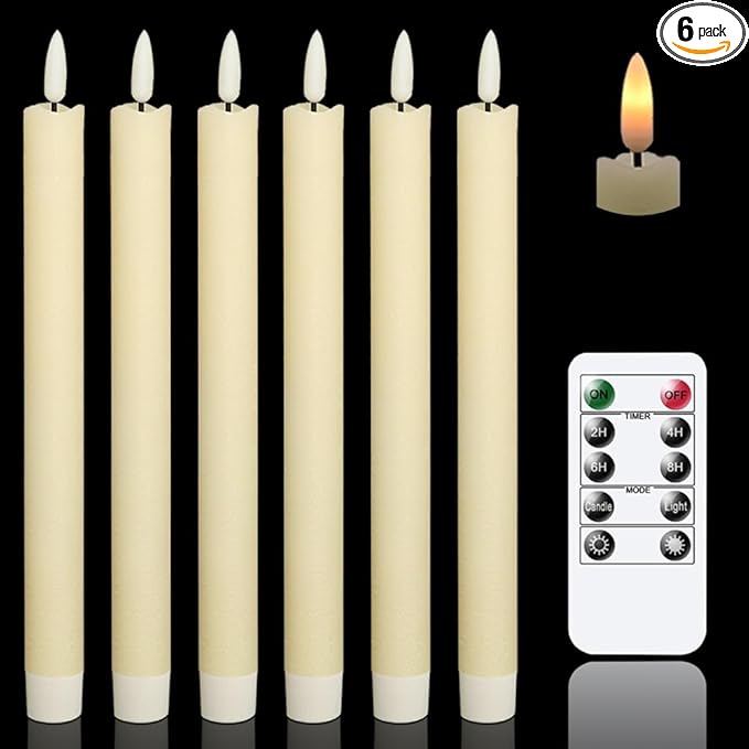 GenSwin Flameless Ivory Taper Candles Flickering with 10-Key Remote, Battery Operated Led Warm 3D Wick Light Window Candles Real Wax Pack of 6, Christmas Home Wedding Decor(0.78 X 9.64 Inch)-HomvellaHome