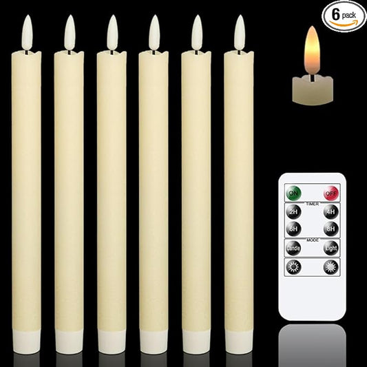 GenSwin Flameless Ivory Taper Candles Flickering with 10-Key Remote, Battery Operated Led Warm 3D Wick Light Window Candles Real Wax Pack of 6, Christmas Home Wedding Decor(0.78 X 9.64 Inch)-HomvellaHome