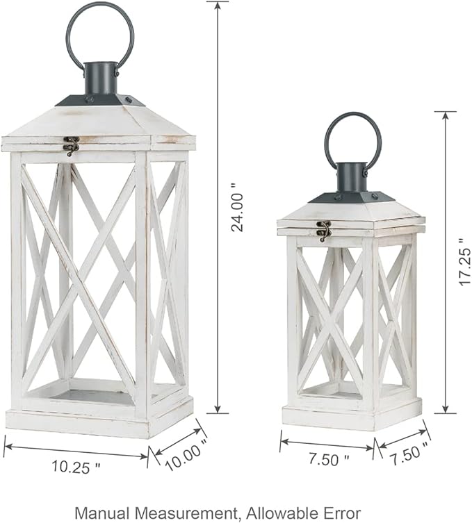 Glitzhome Mondern Farmhouse Wooden Lantern Hanging Decorative Candle Lantern for Outdoor & Indoor Wash White Set of 2 (No Glass)-HomvellaHome