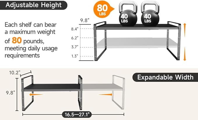 16.5~27.1" Expandable Shelf Organizer, 2Pack 8.1" Wide Stackable Cabinet Shelf Organizers, Black Metal Sturdy Kitchen Counter Storage for Countertop, Adjustable Height Spice Rack-HomvellaHome