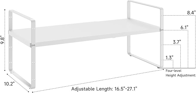 16.5~27.1" Expandable Shelf Organizer, 1Pack 10.2" Wide Stackable Cabinet Shelf Organizers, White Metal Sturdy Kitchen Counter Storage for Countertop, Adjustable Height Spice Rack-HomvellaHome