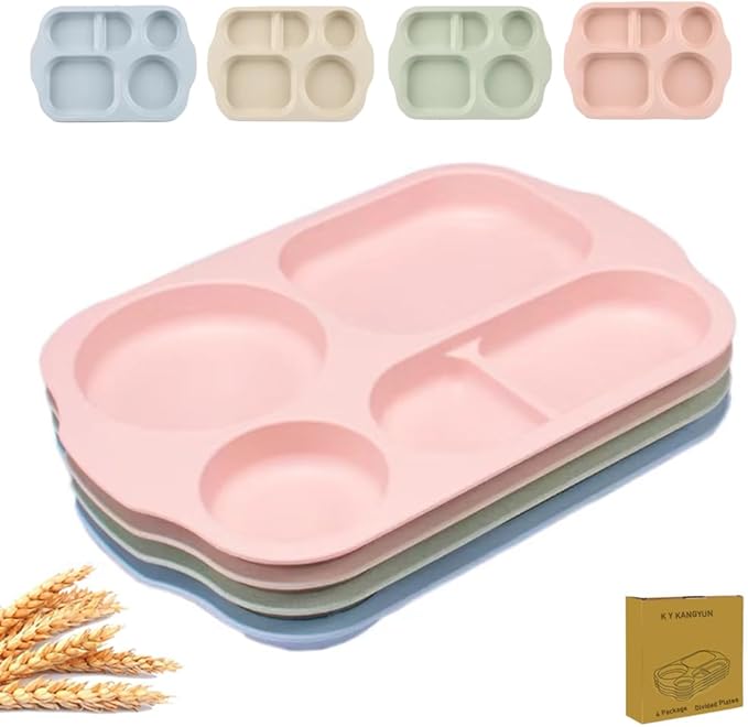 12 Inch Divided Plates4 PCS - Reusable Unbreakable Wheat Straw Plates, Dinnerware Lunch Tray Plates Tableware for Kitchen, Picky Eaters, Campers and Portion Control (Blush)-HomvellaHome