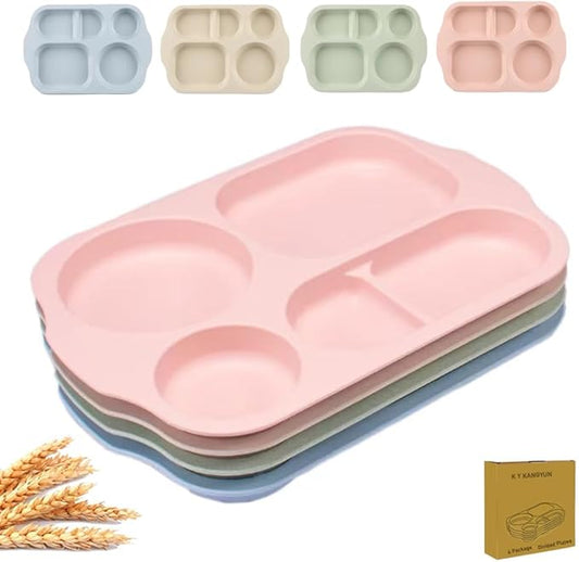12 Inch Divided Plates4 PCS - Reusable Unbreakable Wheat Straw Plates, Dinnerware Lunch Tray Plates Tableware for Kitchen, Picky Eaters, Campers and Portion Control (Blush)-HomvellaHome
