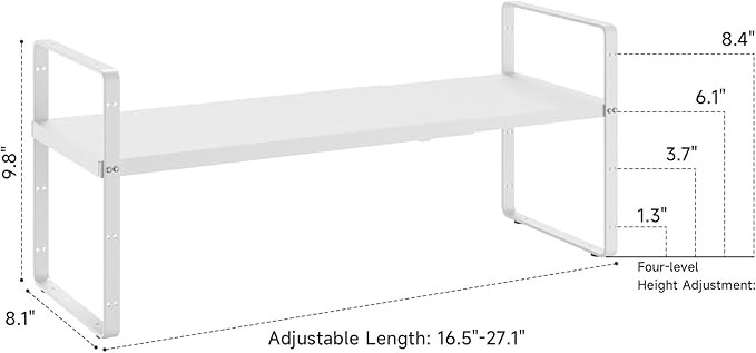 16.5~27.1" Expandable Shelf Organizer, 2Pack 8.1" Wide Stackable Cabinet Shelf Organizers, White Metal Sturdy Kitchen Counter Storage for Countertop, Adjustable Height Spice Rack-HomvellaHome
