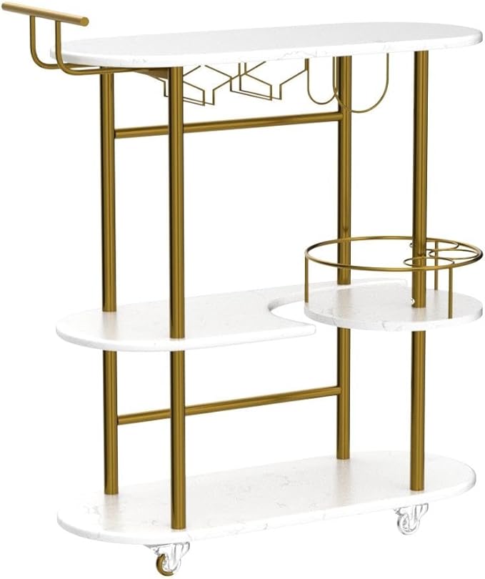 Gold Bar Carts with 4-Tier Storage Shelves, Mobile Bar Serving Cart with Wine Rack and Glass Holder, for The Home, Kitchen, Living Room, Dining Room-HomvellaHome