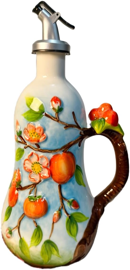 18 Oz Hand Painted Relief Ceramic Olive Oil Bottle Dispenser for Kitchen, Oil and Vinegar Bottle, Seasoning Bottle with Stainless Steel Nozzle, 540mL Oil Container with Handle for Cooking, Light Proof-HomvellaHome