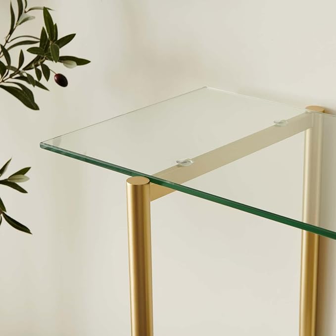 Glass Console Table for Living Room, Foyer & Entrance, 2-Tiers Mid-Century Modern Sofa Table with Clear Glass Top, White Marble Finish Wood Shelf and Gold Finish Frame-HomvellaHome