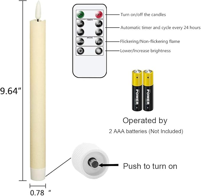 GenSwin Flameless Flickering Taper Candles with 2 Remote Controls and Timer, Real Wax 3D Wick Light Window Candles Battery Operated Pack of 8, Christmas Home Wedding Decor(Ivory, 0.78 X 9.64 Inch)-HomvellaHome