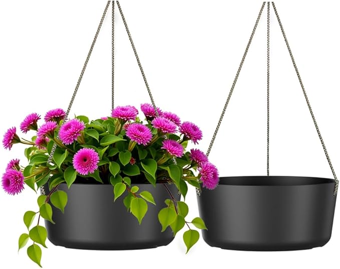 10.7 Inch Hanging Planter for Outdoor Indoor Plants，2 Pack Hanging Flower Pots with Drain Holes for Garden Home Decor Use (Black)-HomvellaHome