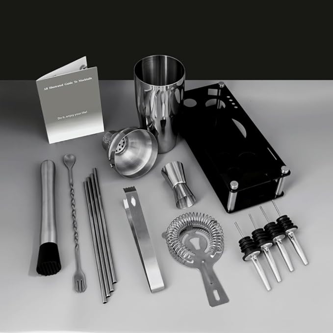 14-Piece Cocktail Shaker Set Bartender Kit with Black Stand, Bar Tool Set for Drink Mixing Bartending Kit Bar Sets Accessories: 750ml(25oz) Shaker, Jigger, Muddler, Cocktail Recipes (Silver)-HomvellaHome