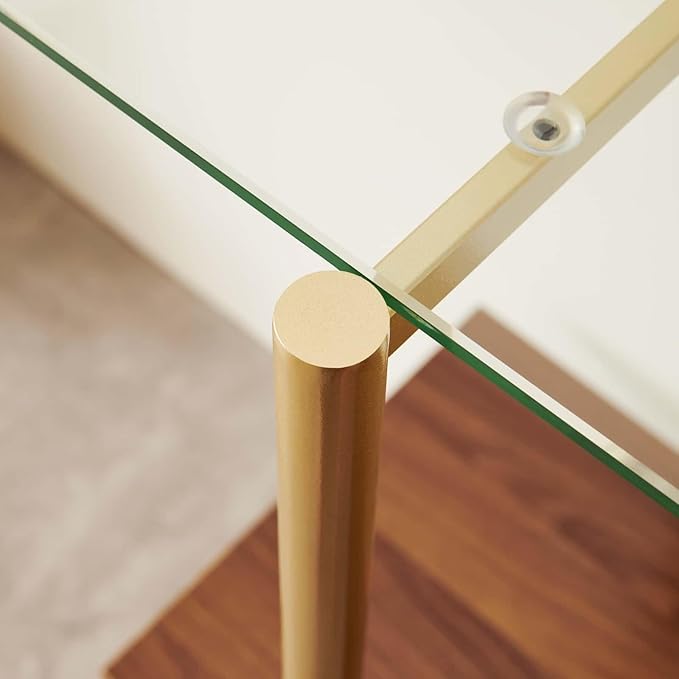 Glass Console Table for Living Room, Foyer & Entrance, 2-Tiers Mid-Century Modern Sofa Table with Clear Glass Top, Walnut Finish Wood Top and Gold Finish Metal Frame-HomvellaHome