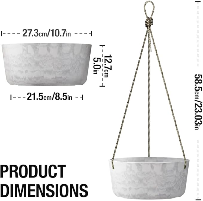10.7 Inch Hanging Planter for Outdoor Indoor Plants，2 Pack Hanging Flower Pots with Drain Holes for Garden Home Decor Use (Marble)-HomvellaHome
