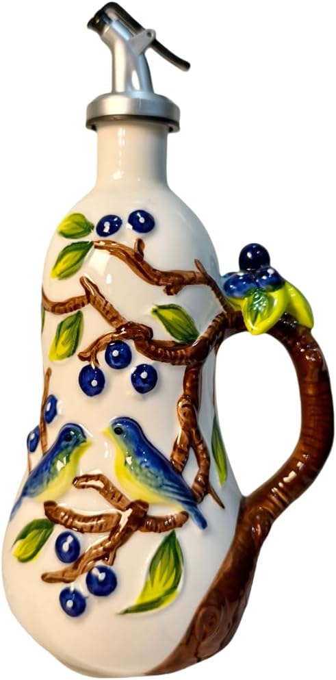 18 Oz Hand Painted Relief Ceramic Olive Oil Bottle Dispenser for Kitchen, Oil and Vinegar Bottle, Seasoning Bottle with Stainless Steel Nozzle, 540mL Oil Container with Handle for Cooking, Light Proof-HomvellaHome