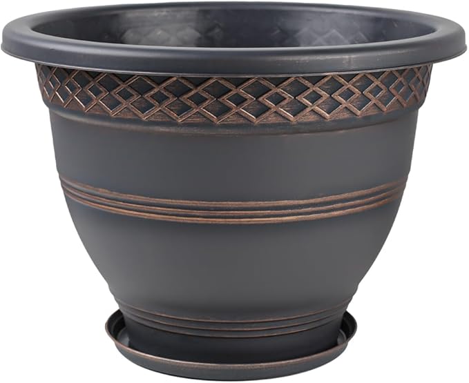 10 Inch 4 Pack Large Plant Pots, Plastic Flower Pot for Indoor & Outdoor with Drainage Holes & Saucer, Plaid Pattern Planters Garden Pots for Herbs-HomvellaHome