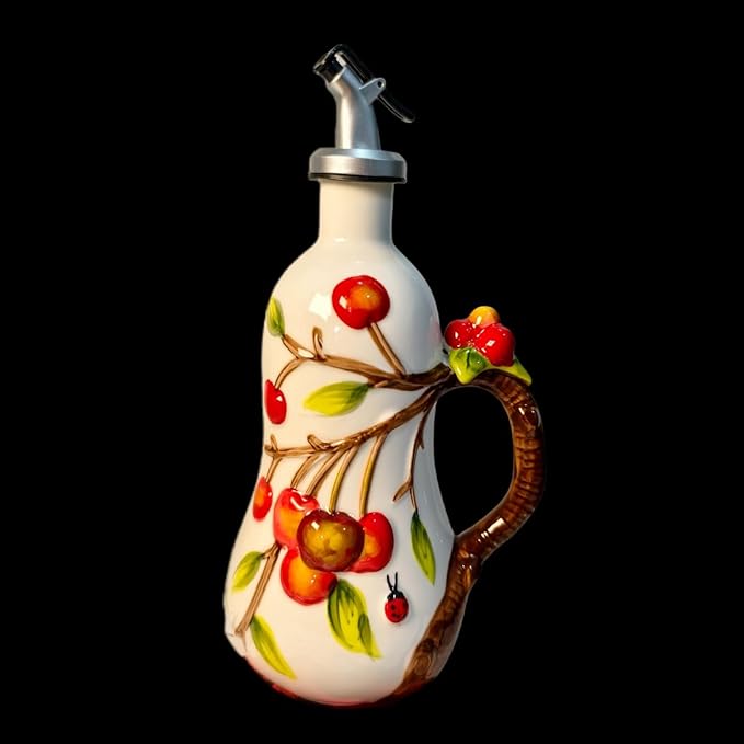 18 Oz Hand Painted Relief Ceramic Olive Oil Bottle Dispenser for Kitchen, Oil and Vinegar Bottle, Seasoning Bottle with Stainless Steel Nozzle, 540mL Oil Container with Handle for Cooking, Light Proof-HomvellaHome