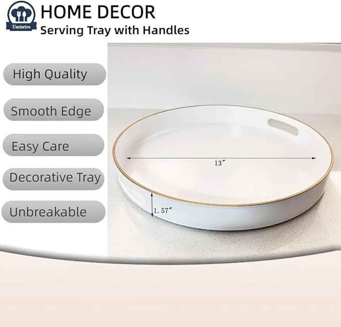 13" Round Decorative Tray, White Serving Tray with Handles, Plastic Coffee Table Tray for Ottoman, Living Room, Bathroom, Décor.-HomvellaHome