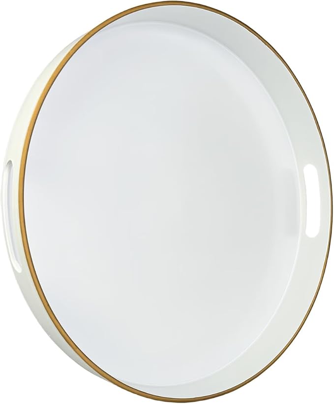 13" Round Decorative Tray, White Serving Tray with Handles, Plastic Coffee Table Tray for Ottoman, Living Room, Bathroom, Décor.-HomvellaHome