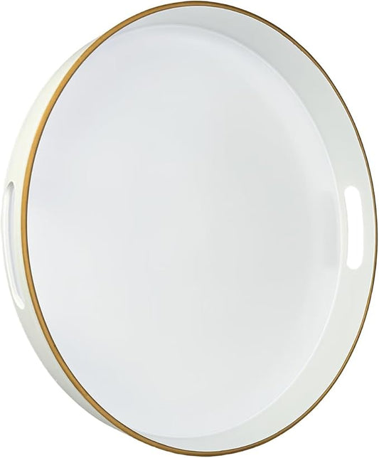 13" Round Decorative Tray, White Serving Tray with Handles, Plastic Coffee Table Tray for Ottoman, Living Room, Bathroom, Décor.-HomvellaHome