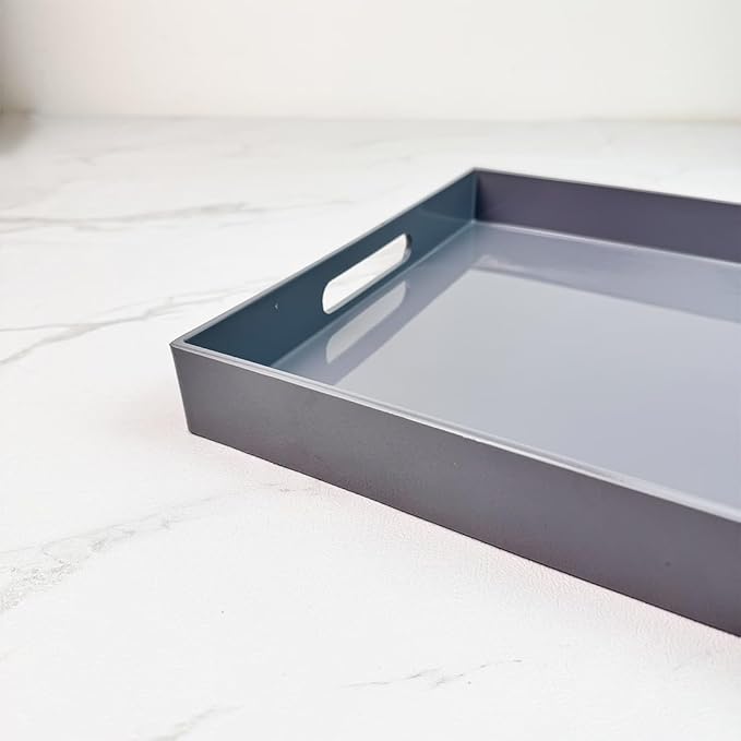 Grey Decorative Tray, Rectangular Large Serving Tray with Handles, Plastic Coffee Table Tray for Ottoman, Living Room, Kitchen Tabletop, 15.7” x 11.8” x1.6”-HomvellaHome