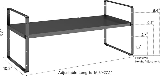 16.5~27.1" Expandable Shelf Organizer, 1Pack 10.2" Wide Stackable Cabinet Shelf Organizers, Black Metal Sturdy Kitchen Counter Storage for Countertop, Adjustable Height Spice Rack-HomvellaHome