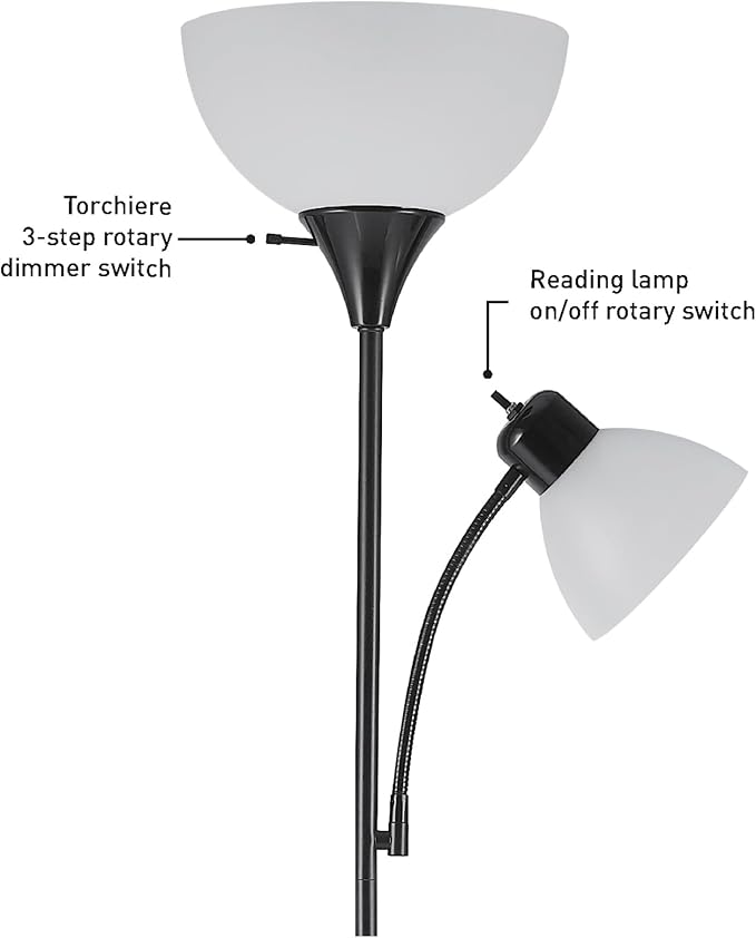 GLOBE Electric 67135 72" Torchiere Floor Lamp and Adjustable Reading Light, Matte Black, Frosted Shade, Dual Rotary Switch, 3-Step Dimming, Modern Lighting for Living Room or Office-HomvellaHome