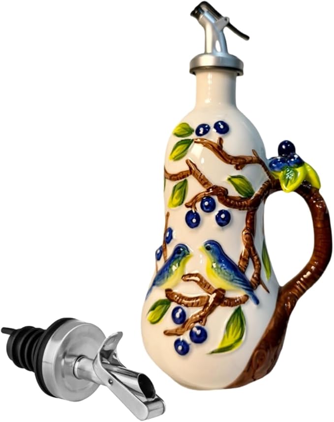 18.26oz/540ml Ceramics Olive Oil Dispenser Bottle,Hand Painted Reliefs Oil Dispenser for Kitchen,Oil Bottles for Kitchen (Blueberry)-HomvellaHome