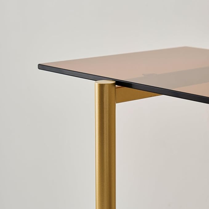 Glass Console Table for Living Room, Foyer & Entrance, 2-Tiers Mid-Century Modern Sofa Table with Amber Glass Top, Walnut Finish Wood Shelf and Gold Finish Frame-HomvellaHome