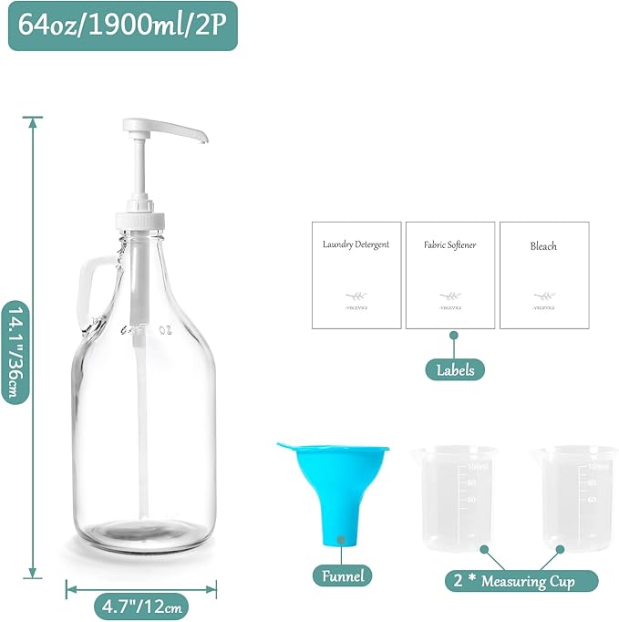 Glass Laundry Detergent Dispenser with Pump, 64OZ Liquid Laundry Soap Dispenser, Fabric Softener Dispenser Bottle for Laundry Room Organization and Storage, 2 Pack-HomvellaHome