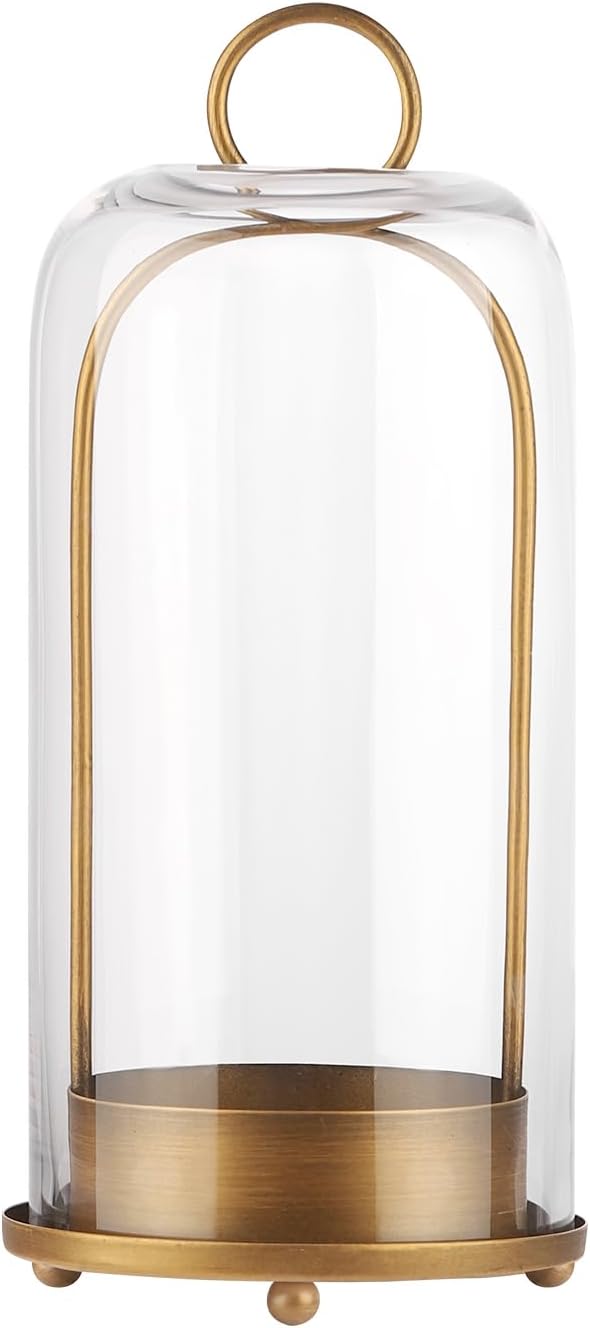 12" High Versatile Modern Metal Hurricane Lantern with Handmade Sturdy Glass Dome for 3" Pillar Candle & Plants (Brass, 5"x12")-HomvellaHome