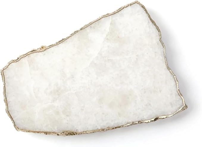 Generic White Quartz Agate Cheese Board Platter Tray Gold Plated Edges Agate Slab for Table Centrepiece Geode Stone Gifts For House Warming, Engagement, Wedding, Christmas-HomvellaHome
