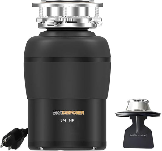 Garbage Disposal 3/4 HP for Kitchen sink Quiet with Stopper Power Cord, Easy install, Continuous Feed Food Waste Disposer Stainless Steel Grind 0.75 Horsepower AC Motor Unit (MAX-4)-HomvellaHome