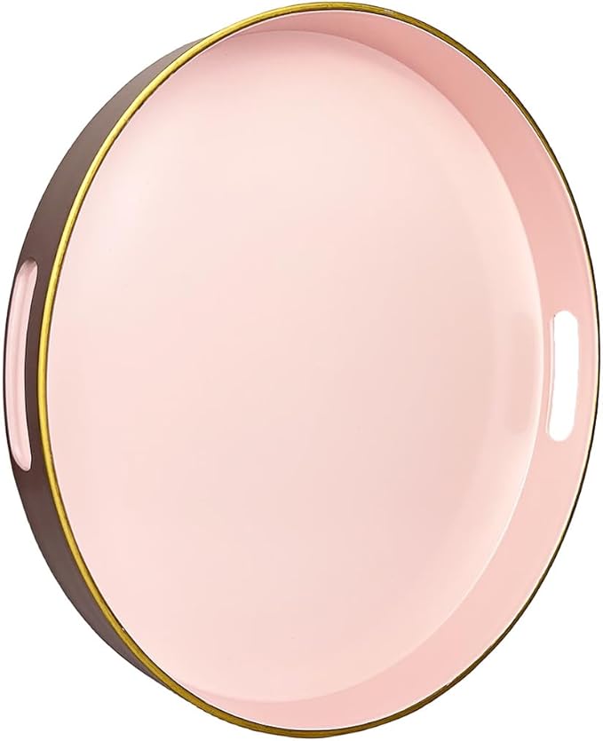 13" Pink Serving Tray with Handles,Round Decorative Tray for Coffee Table, Plastic Modern Coffee Table Tray for Ottoman, Living Room, Bathroom, Décor.-HomvellaHome