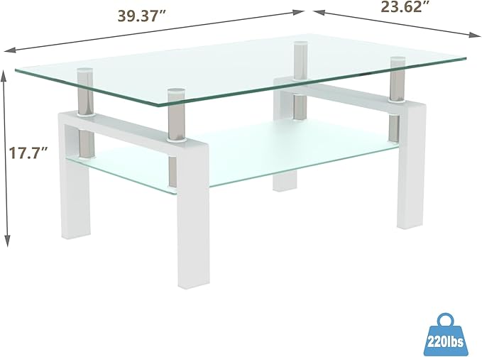 Glass Coffee Table Rectangle White Living Room Center Table, 39inch Transparent Tempered Glass Tabletop and Metal Frame, White + Clear Glass-HomvellaHome