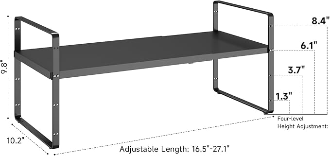16.5~27.1" Expandable Shelf Organizer, 2Pack 10.2" Wide Stackable Cabinet Shelf Organizers, Black Metal Sturdy Kitchen Counter Storage for Countertop, Adjustable Height Spice Rack-HomvellaHome