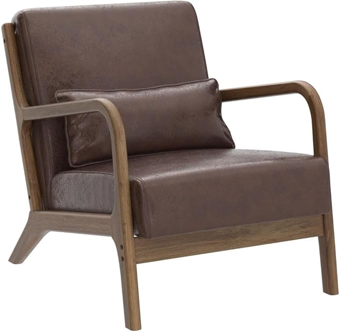 Glitzhome 2 Set Mid Century Coffee Accent Armchair, Single Reading Armchair PU Leather Lounge Chair with Walnut Ruberwood Frame-HomvellaHome