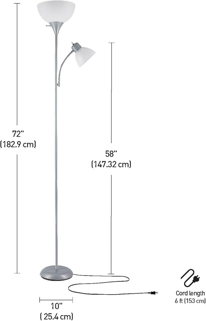 GLOBE Electric 67134 72" Torchiere Floor Lamp and Adjustable Reading Light, Silver, Frosted Shade, Dual Rotary Switch, 3-Step Dimming, Modern Lighting for Living Room or Office, Timeless-HomvellaHome