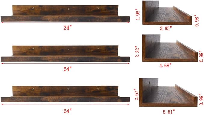 Giftgarden 24 Inch Floating Shelves Wall Mounted Set of 3, Rustic Large Wall Shelves Picture Ledge Shelf for Bedroom Living Room Bathroom Kitchen, 3 Different Sizes-HomvellaHome