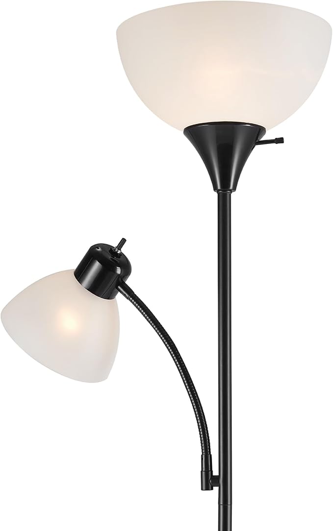 GLOBE Electric 67135 72" Torchiere Floor Lamp and Adjustable Reading Light, Matte Black, Frosted Shade, Dual Rotary Switch, 3-Step Dimming, Modern Lighting for Living Room or Office-HomvellaHome