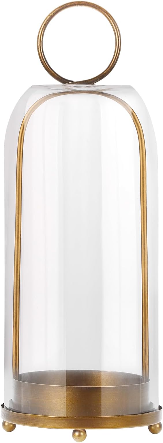 16" High Versatile Modern Metal Hurricane Lantern with Handmade Sturdy Glass Dome for Pillar Candle & Plants (Brass, 6.3"x16.5")-HomvellaHome