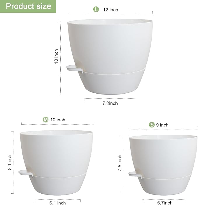 12/10/9 inch Large Self Watering Pots, Plant Pots with Mesh Drainage Holes for Indoor Outdoor Garden Plants, Flower Pots with Removable Deep Reservoir, Set of 3 Plastic Planters, White-HomvellaHome