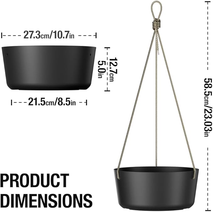 10.7 Inch Hanging Planter for Outdoor Indoor Plants，2 Pack Hanging Flower Pots with Drain Holes for Garden Home Decor Use (Black)-HomvellaHome